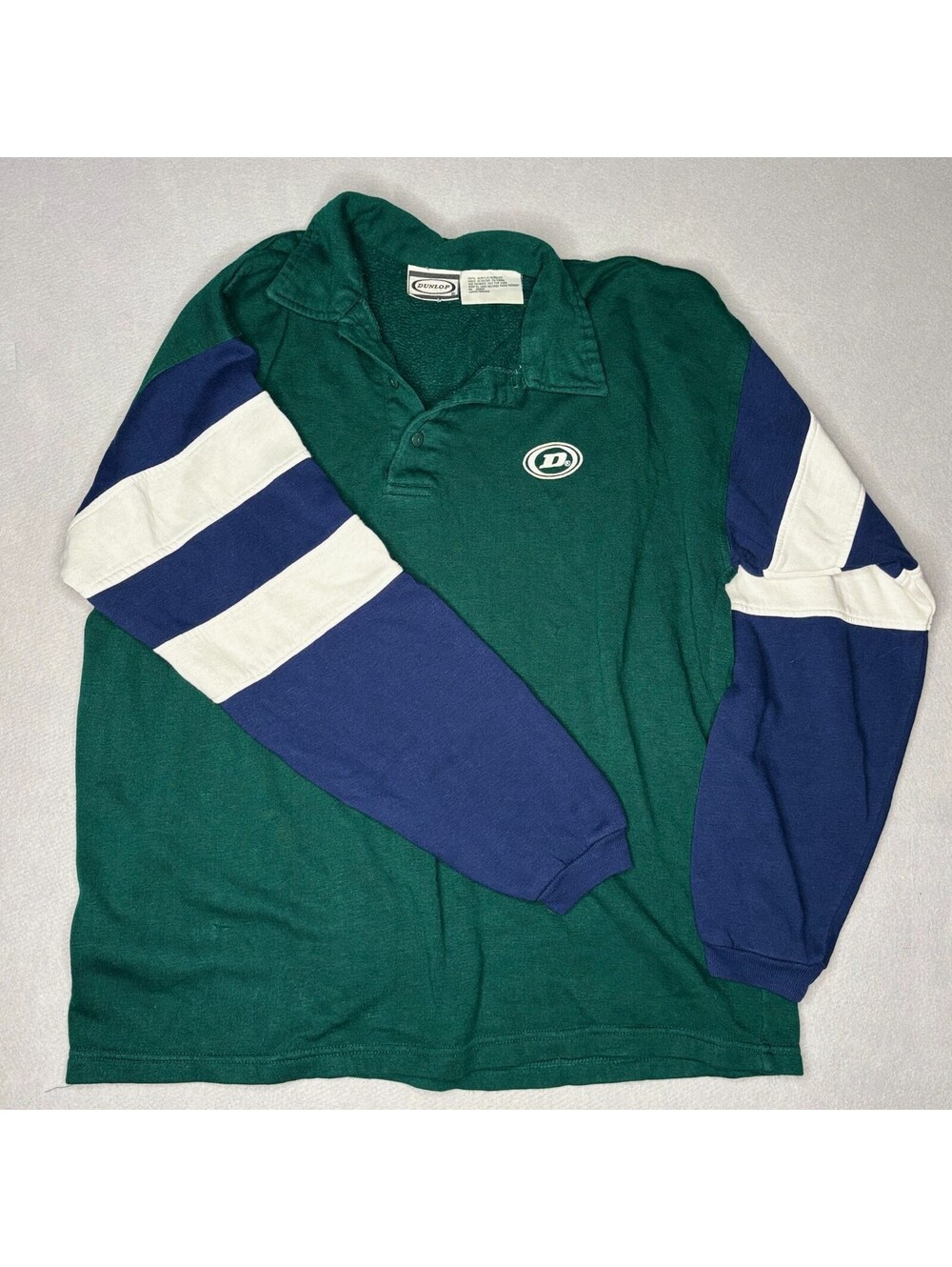 Vintage Dunlop Long Sleeve Polo Shirt Green Navy White Strip
